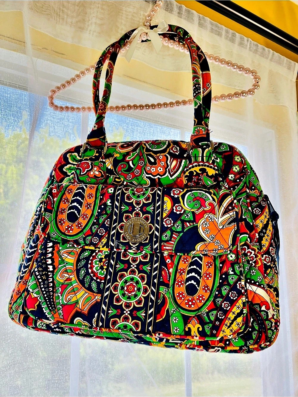 Vera Bradley Turn Lock Satchel Paisley Shoulder Bag Blue & Green Like New